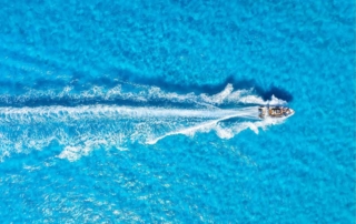 Aerial view of speed boat on the water