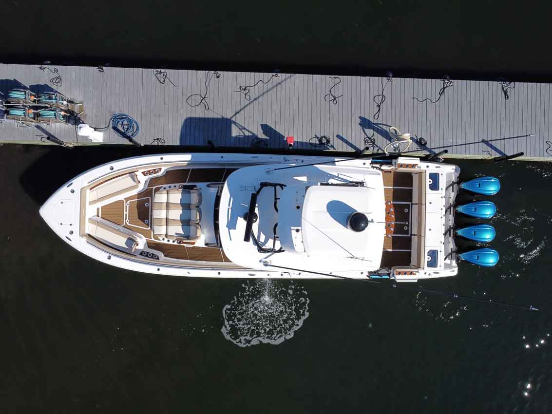 Docked Sport Fishing Boat, overhead shot