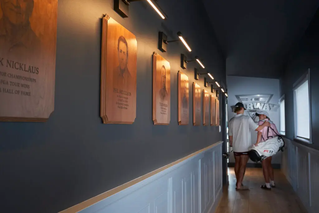 Hallway to The Fairway indoor golf simulator at Crate Marine Belleville