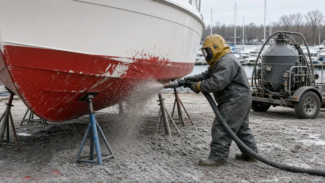 Dustless blasting removing topside paint from a boat at Belleville Blasting Co.