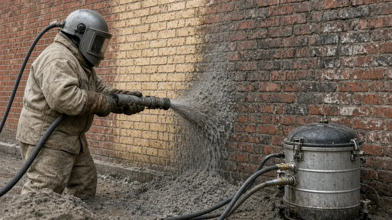 Close view of dustless blasting stripping a coating off a surface.
