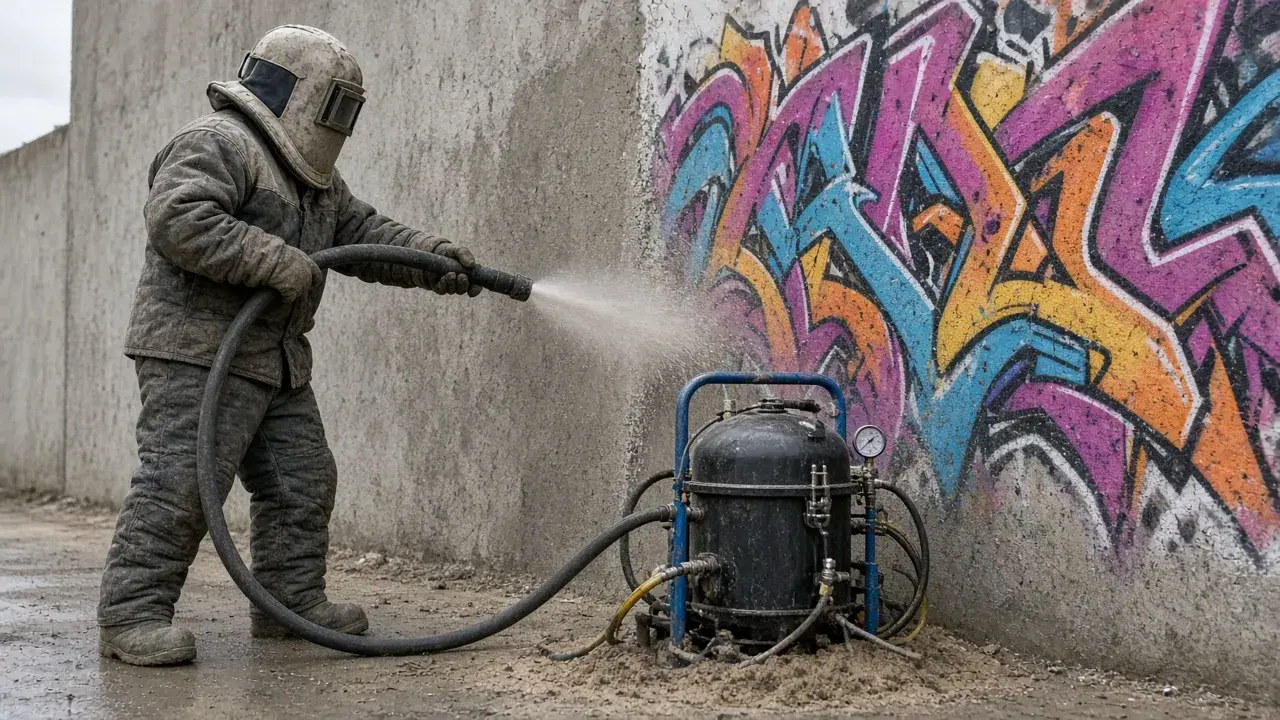 Two Belleville Blasting Co. operators working a dustless blasting job on site.